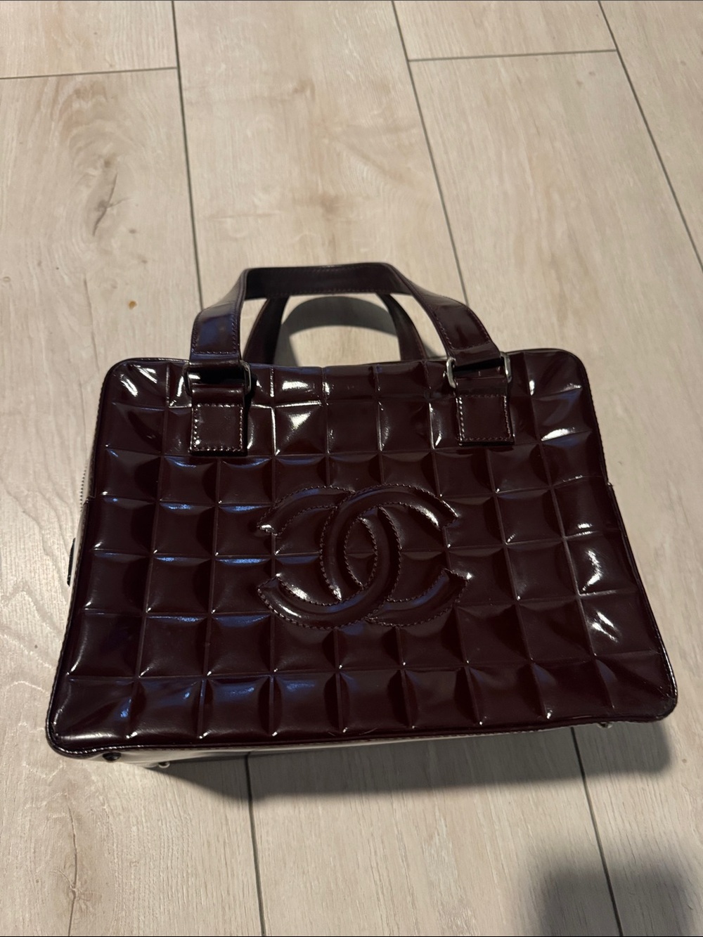 CHANEL Quilted Patent Top-Handle Satchel in Deep Wine